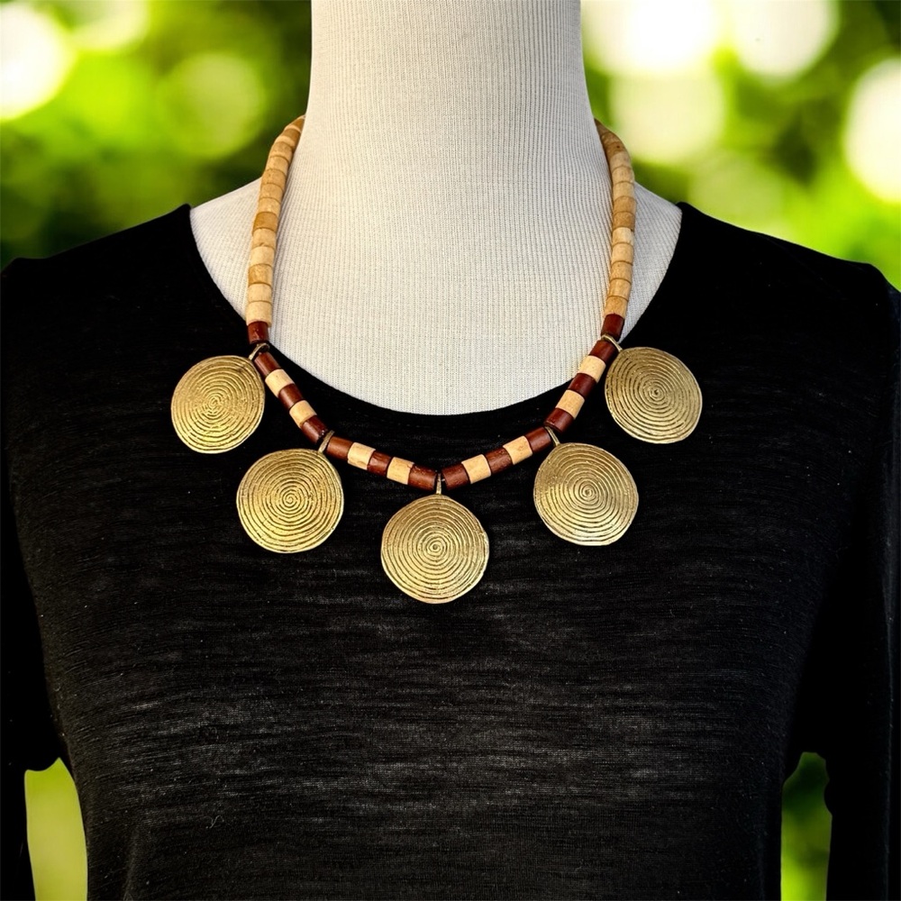 Vintage Brass Spiral Sun Disc Necklace w/ Horn & Bone Tuareg Style Made in India